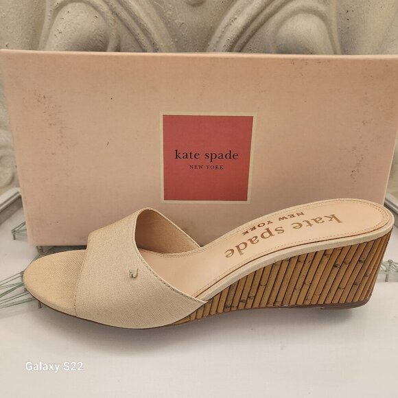 Kate Spade Meena Canvas Wedge Sandal in Warm Stone. NIB. Size 8.5 - Picture 1 of 11